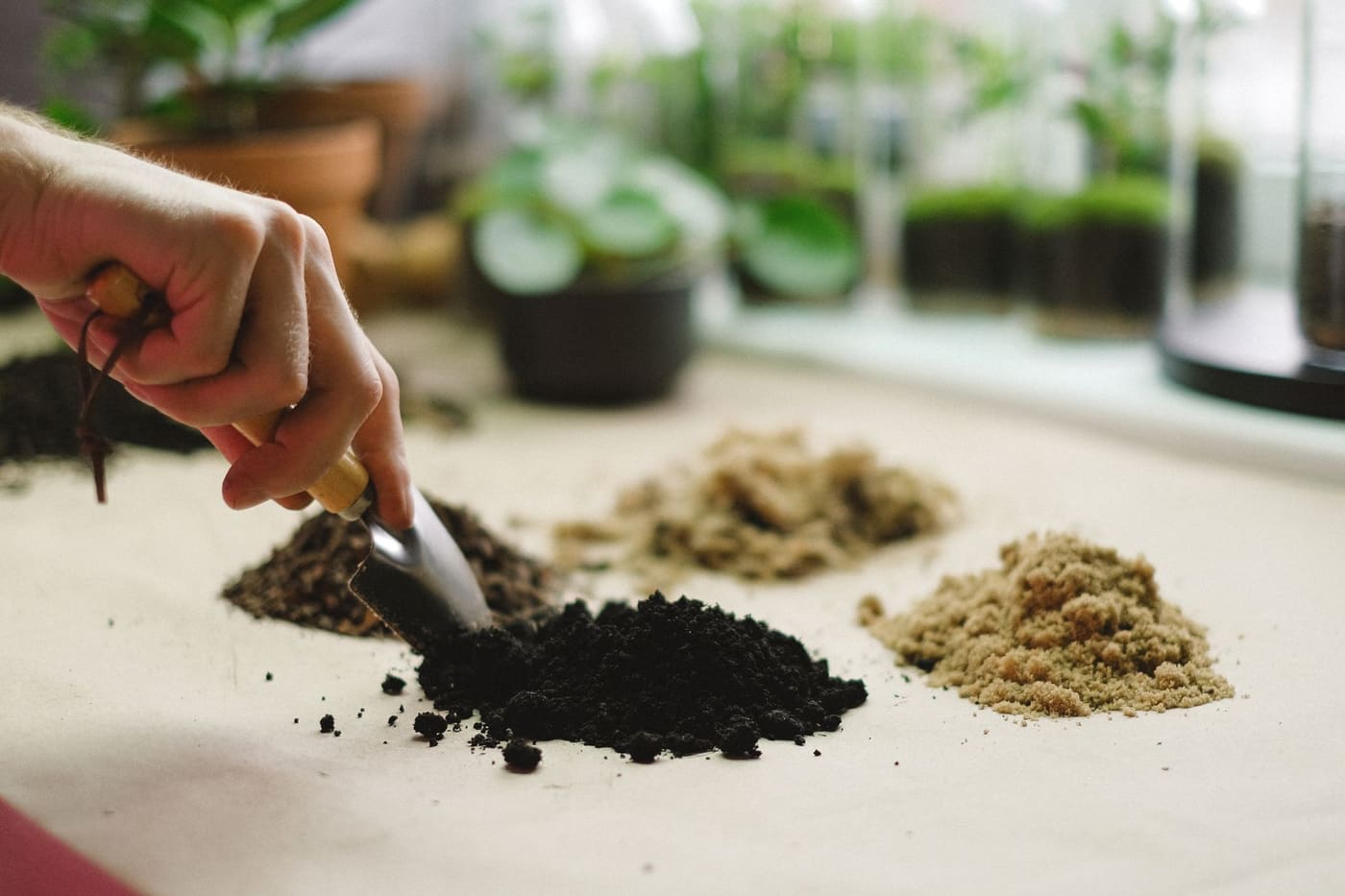 A hand with a small trowel sorting piles of different soils on a table